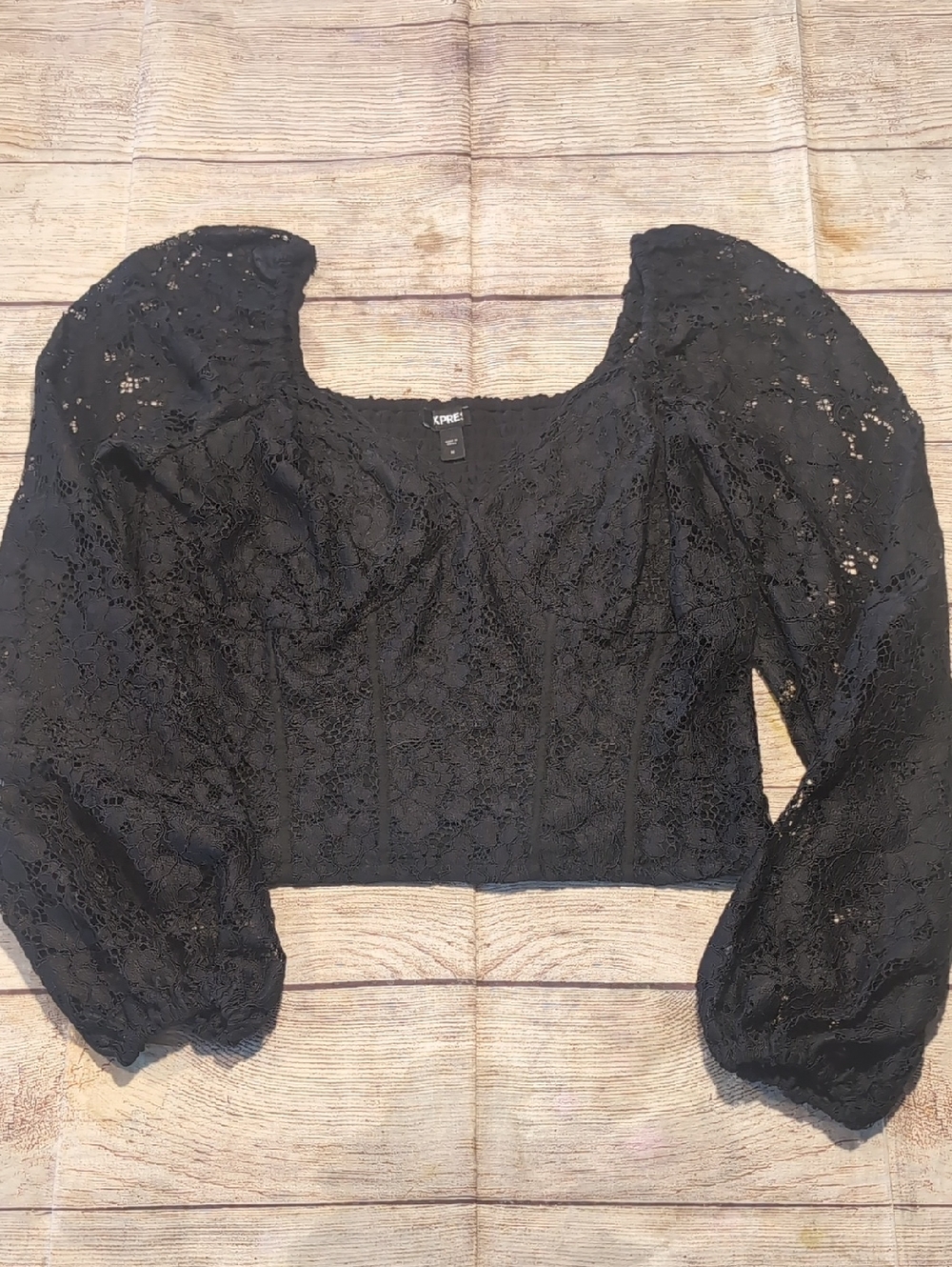 Express Women's Black Lace Long Sleeve Corset Smocked Back Crop Top Size M